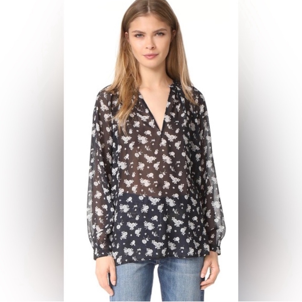 Vince Calico Floral Print Silk Blouse Black White Long Sleeve‎ V-Neck size small